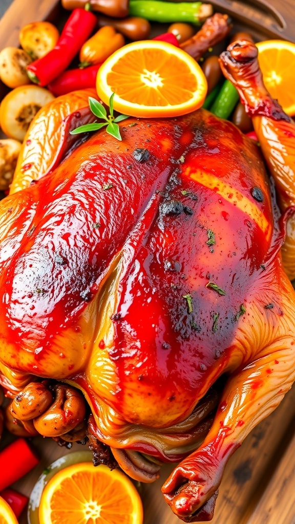 Roasted Duck with Orange Glaze Recipe A roasted duck with orange glaze on a wooden platter, garnished with orange slices and herbs, served with roasted vegetables.